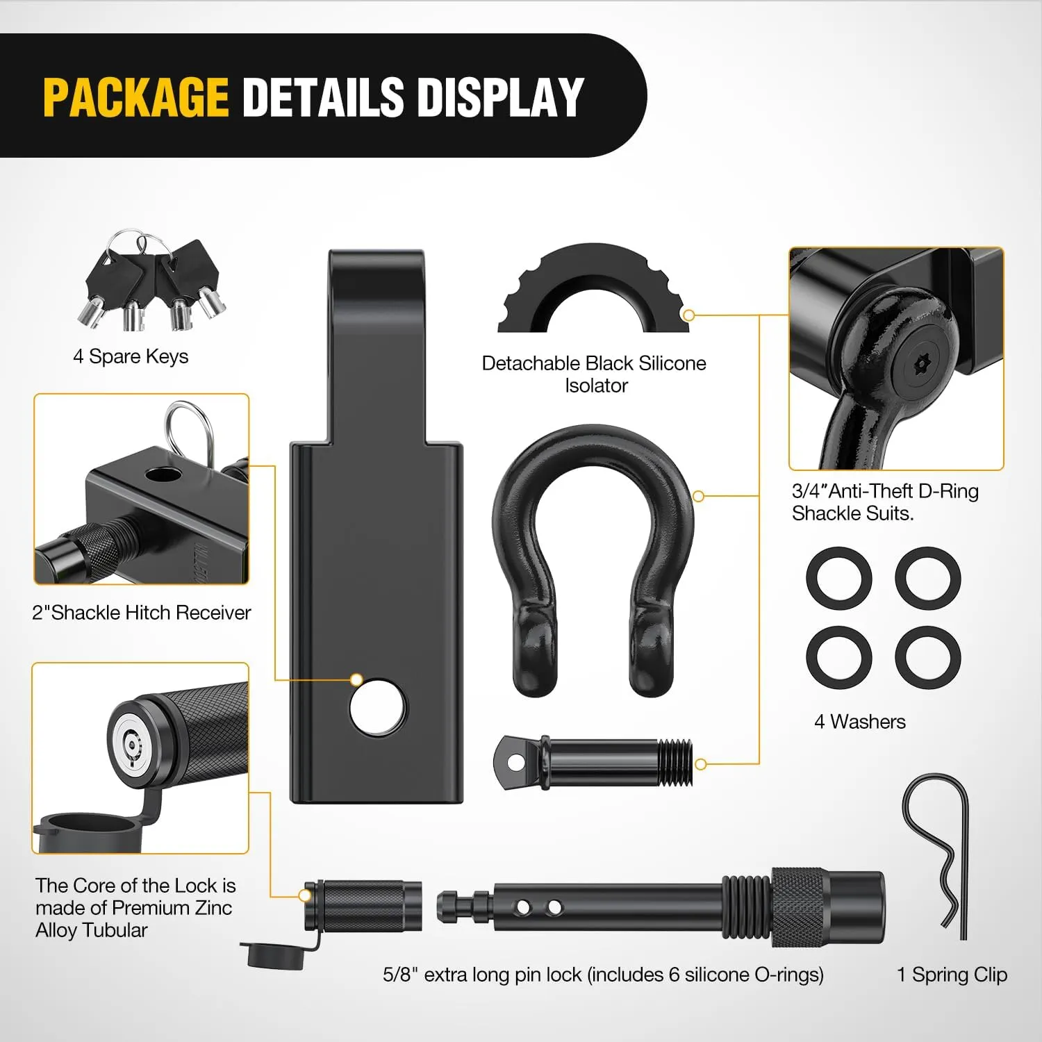 2 Inch Anti-Theft Shackle Hitch Receiver Set Black
